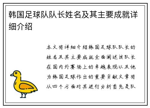 韩国足球队队长姓名及其主要成就详细介绍