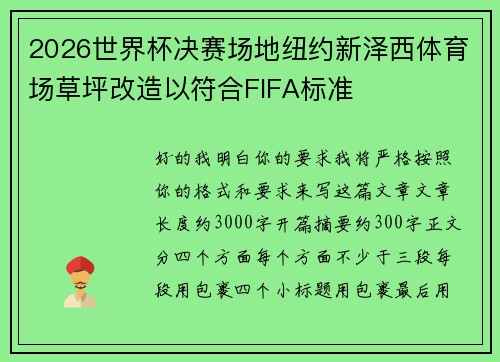 2026世界杯决赛场地纽约新泽西体育场草坪改造以符合FIFA标准