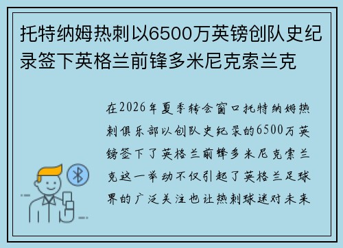 托特纳姆热刺以6500万英镑创队史纪录签下英格兰前锋多米尼克索兰克