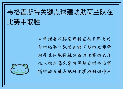 韦格霍斯特关键点球建功助荷兰队在比赛中取胜